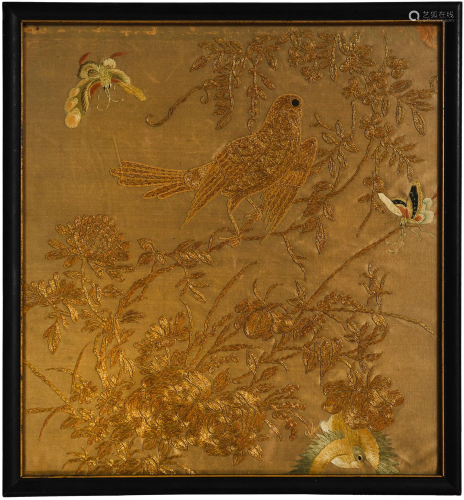 Chinese Gold Thread Embroidery Panel, 19th Century