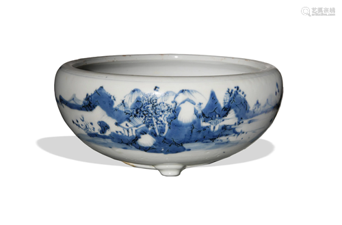 Chinese Blue and White Landscape Censer, 18th Century