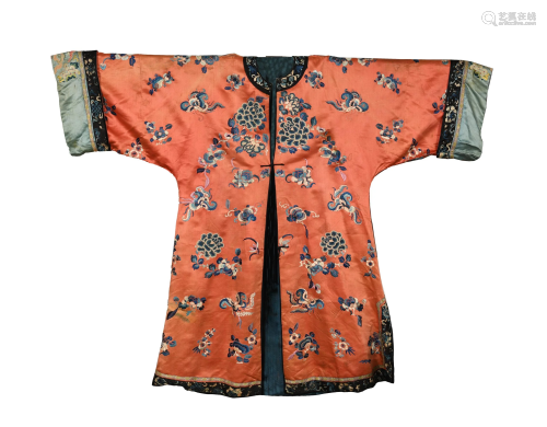 Chinese Orange Silk Woman's Robe, 19th Century