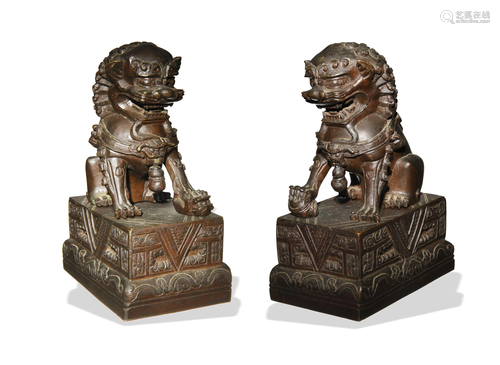 Pair of Chinese Bronze Guardian Lions, 19th Century