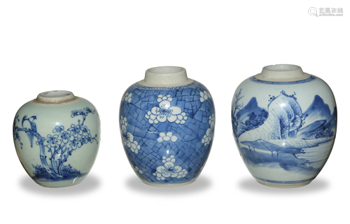 Three Chinese Blue and White Jars, 17-18th Century