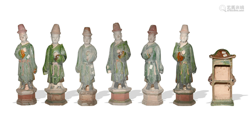 Set of 6 Chinese Sancai Statues with Palanquin, Ming