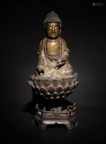 Chinese Gilt Bronze Medicine Buddha with Stand, Ming