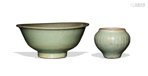 Chinese Celadon Longquan Bowl and Jar, Song or Yuan