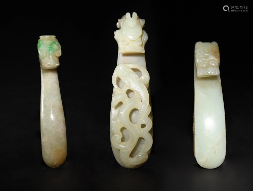 3 Chinese Jade/Jadeite Dragon Hooks, 18-19th Century