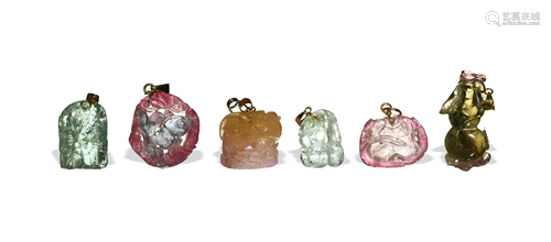 Group of 6 Chinese Tourmaline Pendants, 19th Century