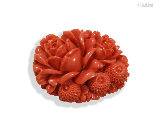 Chinese Carved Coral Flower Plaque