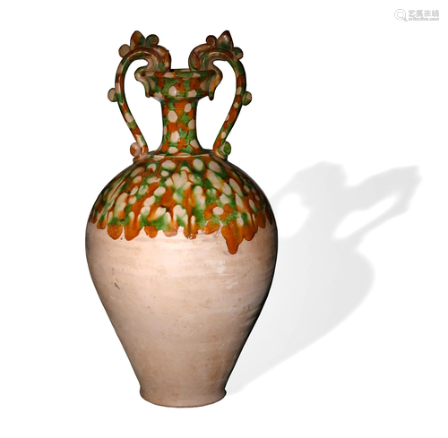 Chinese Sancai Vase with Double Dragon Handles, Tang