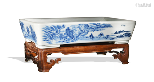 Blue and White Landscape Planter with Stand, Kangxi