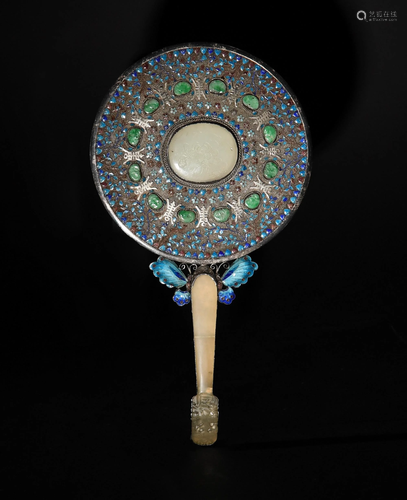 Chinese Enamelled Hand Mirror with Jade, Republic