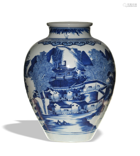 Chinese Blue and White Landscape Jar, Late 18th Century