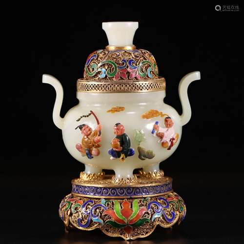 chinese hetian jade censer inlaid with gems