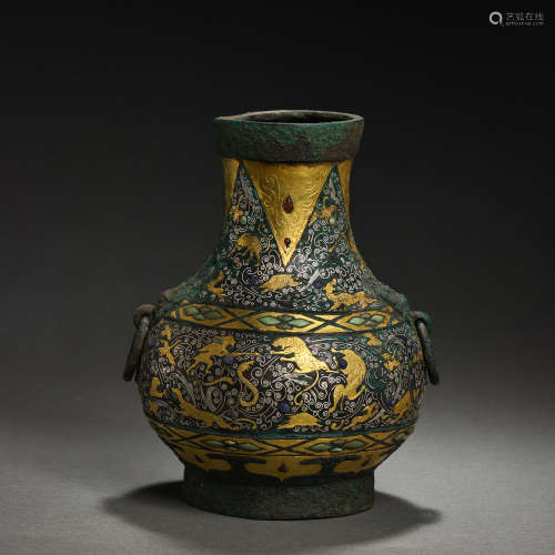 CHINESE AMPHORA INLAID WITH SILVER AND TURQUOISE, WARRING ST...