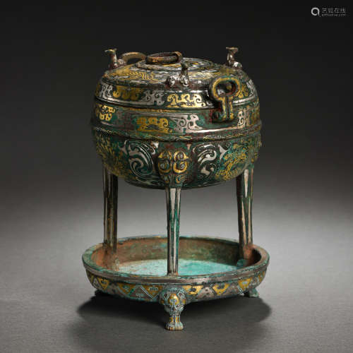 CHINESE SMALL TRIPOD INALID WITH GOLD AND SILVER, WARRING ST...