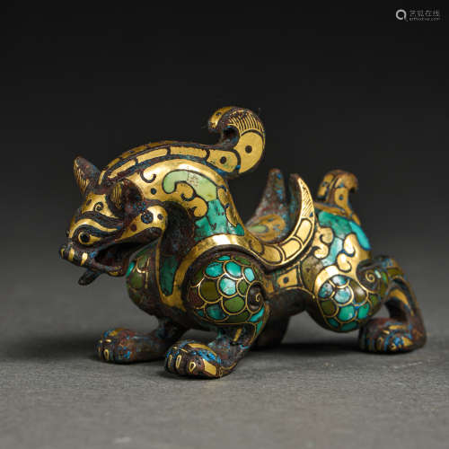 BRONZE BEAST INALID WITH GOLD, SILVER AND TURQUOISES, WARRIN...