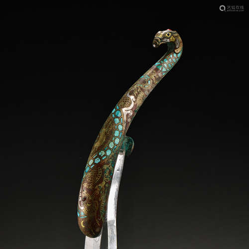 CHINESE BELT HOOK INALID WITH GOLD, SILVER AND TURQUOISES, W...