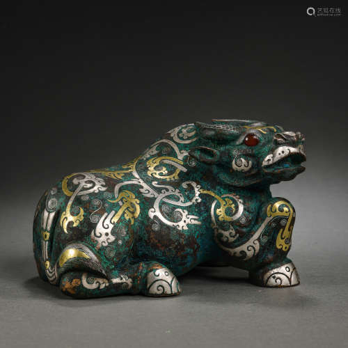BRONZE BEAST INALID WITH GOLD, SILVER AND TURQUOISES, WARRIN...