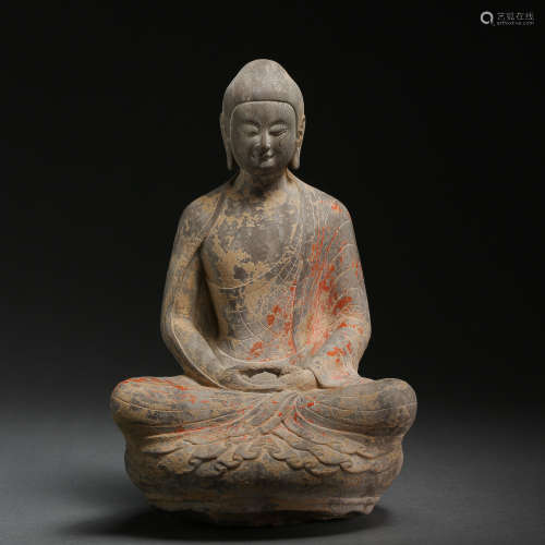 SEATED BLUESTONE BUDDHA, NORTHERN WEI DYNASTY, CHINA