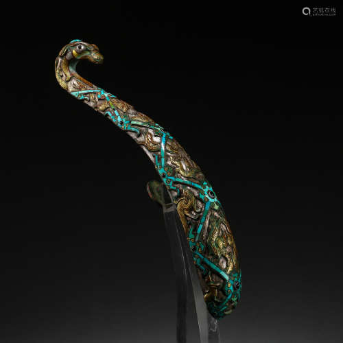 CHINESE BELT HOOK INALID WITH GOLD, SILVER AND TURQUOISES, W...
