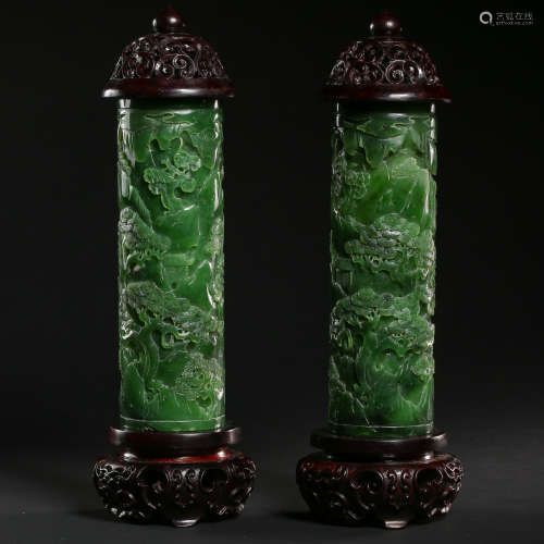 A PAIR OF JASPER INCENSE TUBE, QING DYNASTY, CHINA