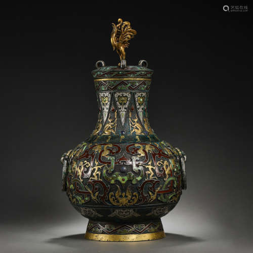 CHINESE PARTIAL GILT ROUND VASE INLAID WITH GOLD, SILVER AND...