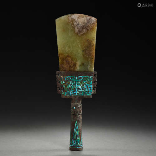 CHINESE SHOVEL INLAID WITH JADE AND TURQUOISES, WARRING STAT...