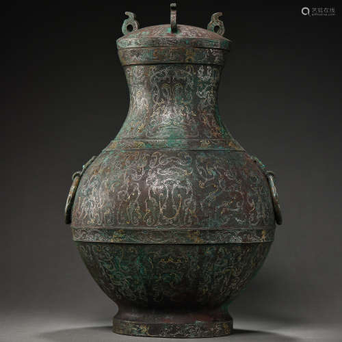 BRONZE ROUND BOTTLE INALID WITH GOLD AND SILVER, WARRING STA...