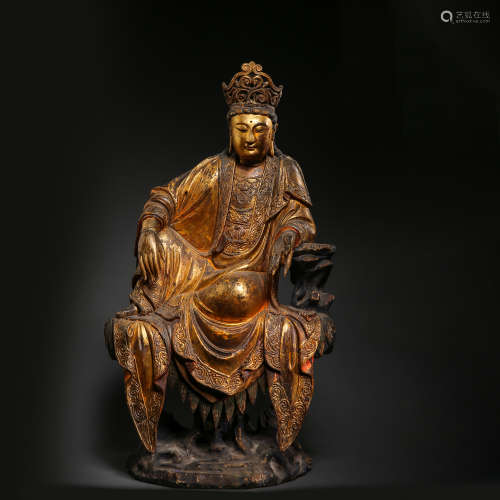 WOOD CARVING SEATED GUANYIN, NORTHERN WEI DYNASTY, CHINA