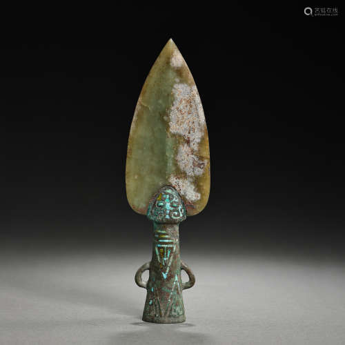 CHINESE WEAPON INLAID WITH HETIAN JADE AND TURQUOISES, WARRI...