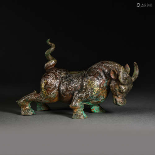 STONE CATTLE INALID WITH GOLD, SILVER AND TURQUOISES, WARRIN...