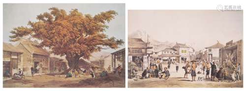 石版畫-1838年香港的一個鄉村廣場+1850年威靈頓街景（共二幅）