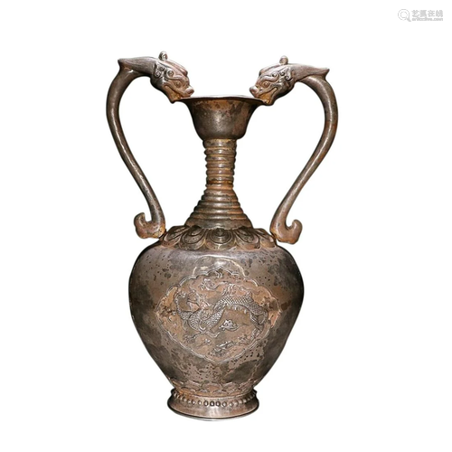 SILVER VASE WITH DRAGON HANDLES