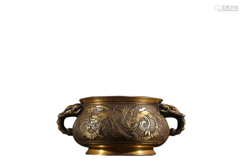 GILT COPPER ALLOY 'DRAGON AND FLOWER' INCENSE CENSER