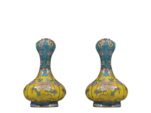 PAIR OF CLOISONNE ENAMEL 'FLORAL' GARLIC HEAD VASES