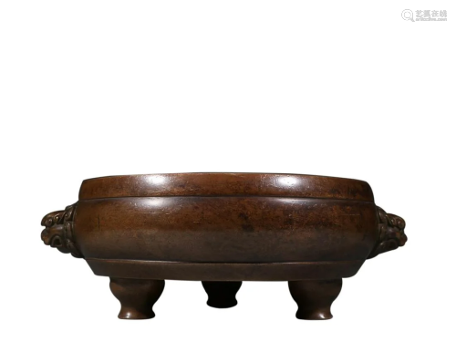 COPPER ALLOY INCENSE CENSER WITH BEAST HANDLES