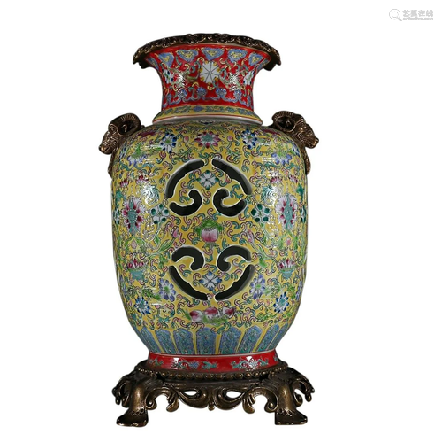 FAMILLE ROSE 'FLORAL' VASE WITH COPPER ALLOY HANDLES