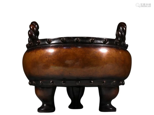 COPPER ALLOY DRUM SHAPED TRIPOD INCENSE CENSER