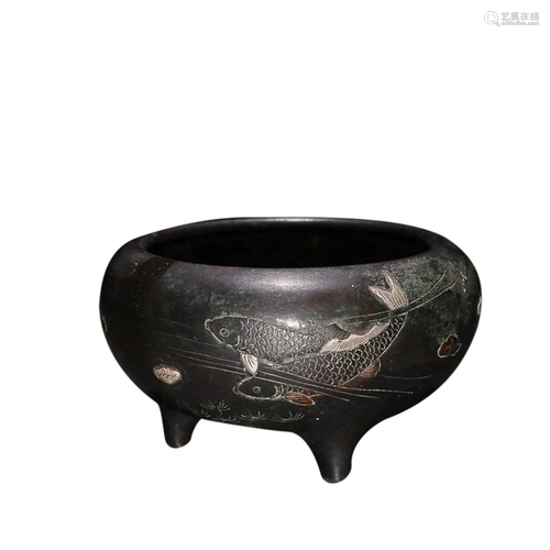 SILVER INLAID COPPER ALLOY 'FISH' TRIPOD INCENSE CENSER