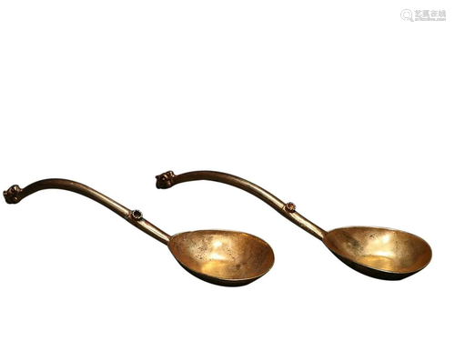 PAIR OF GILT SILVER 'DRAGON' LADLES