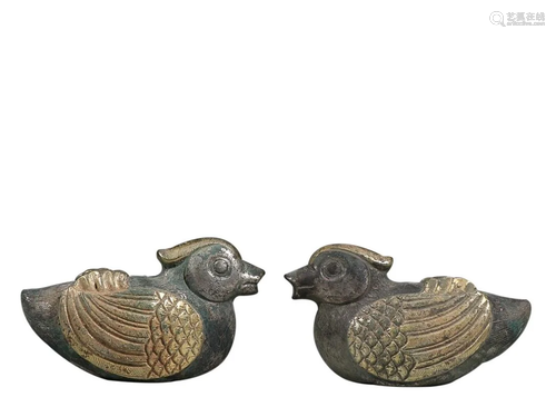 PAIR OF GILT SILVER QUAIL SHAPED WATER BOWLS