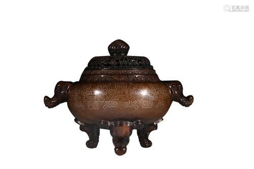 SILVER INLAID COPPER ALLOY INCENSE BURNER WITH ELEPHANT