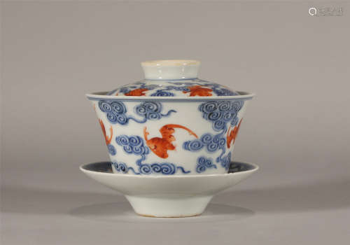 Guang Xu blue and white alum red cloud cover bowl in Qing Dy...