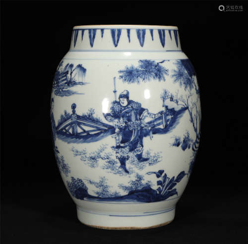 Qing Dynasty Shunzhi blue and white figure jar