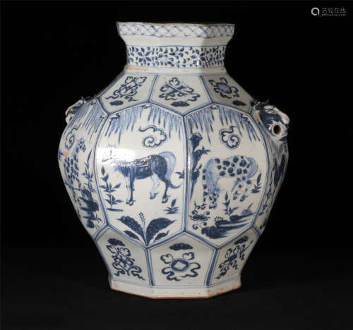 The big jar of animal ears in the blue and white figure of t...