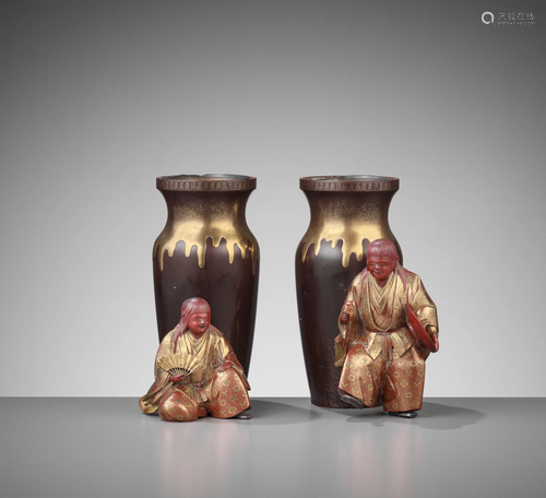 A FINE PAIR OF 'SHOJO AND SAKE' LACQUER VASES