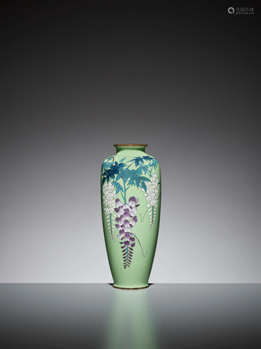 A LIME GREEN CLOISONNE ENAMEL VASE WITH WISTERIA