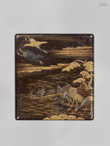 A LACQUER SUZURIBAKO DEPICTING CRANES