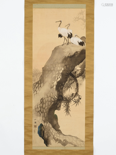 SEIHO: A SCROLL PAINTING OF CRANES WITH PINE