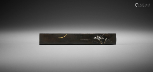 A SHIBUICHI KOZUKA WITH SHOBU FLOWER AND MOON