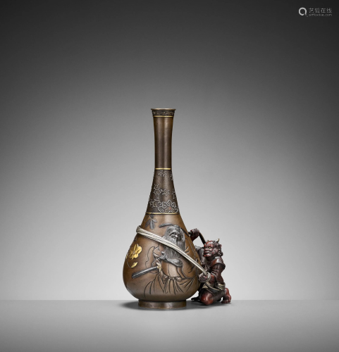 AN EXCEPTIONAL MIXED METAL 'SHOKI AND ONI' VASE